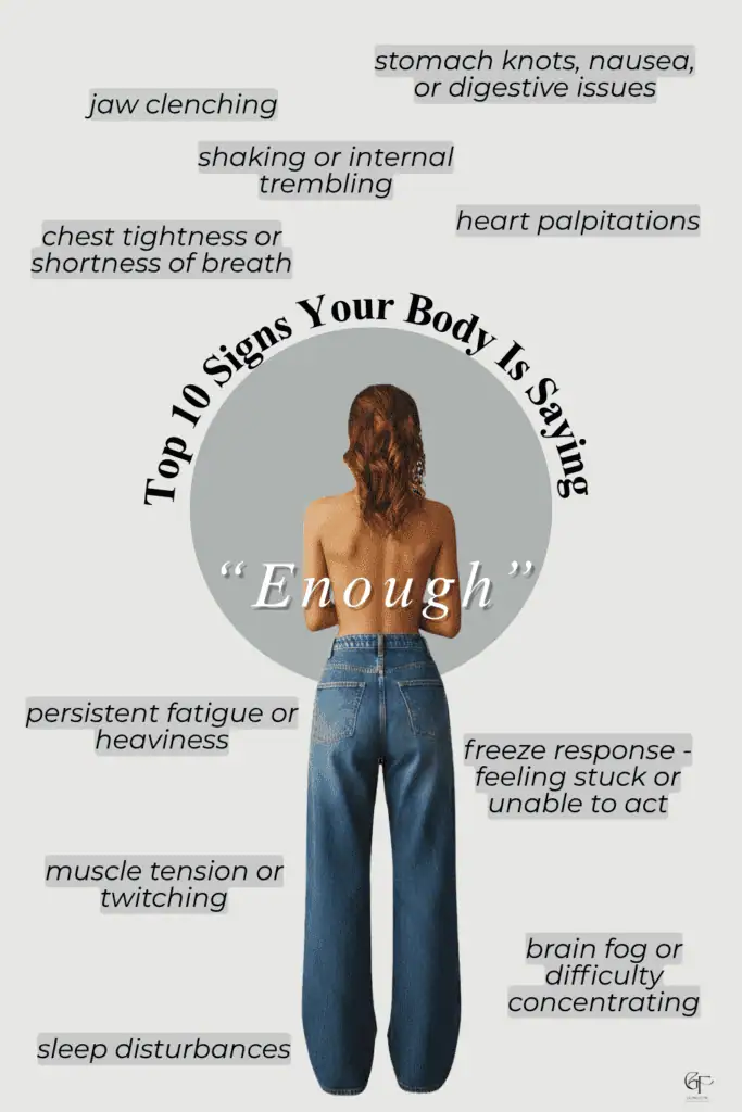 A person standing with their back exposed, surrounded by text listing physical signs of stress such as jaw clenching, chest tightness, fatigue, and sleep issues.