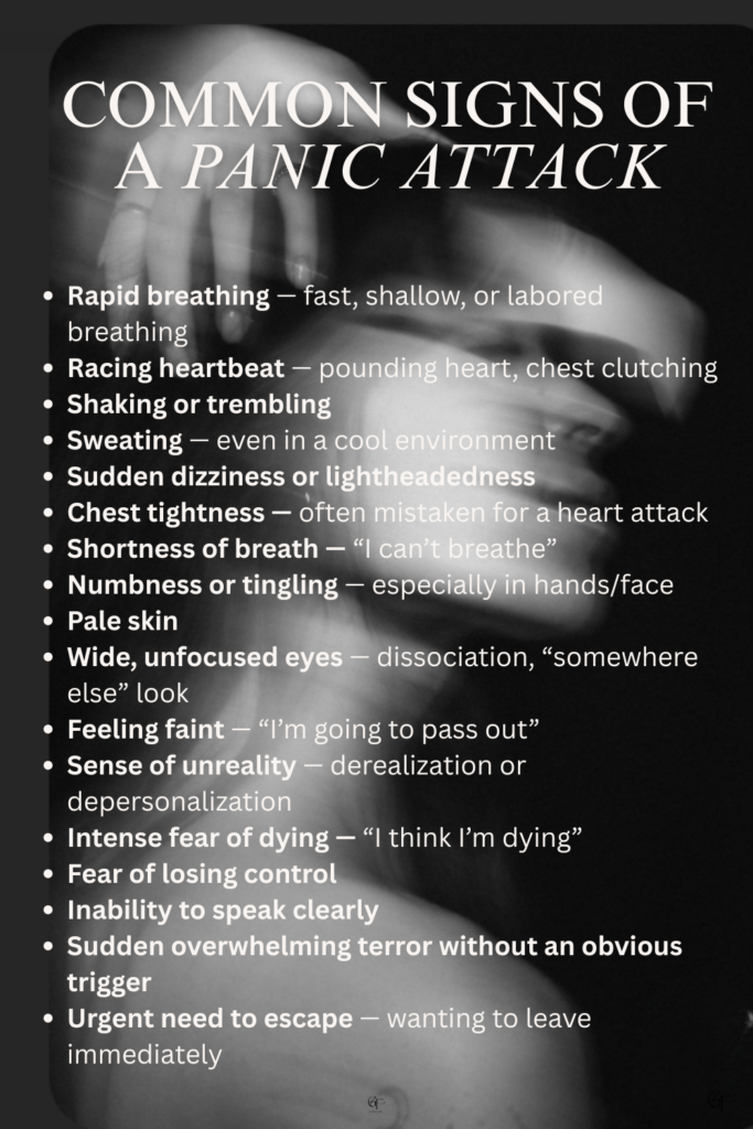 An infographic listing common panic attack symptoms over a blurred grayscale background of a distressed face and hands.