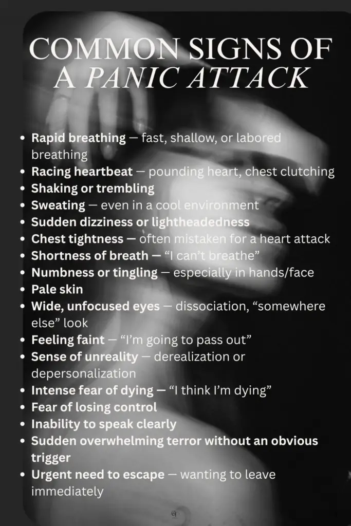 An infographic listing common panic attack symptoms over a blurred grayscale background of a distressed face and hands.