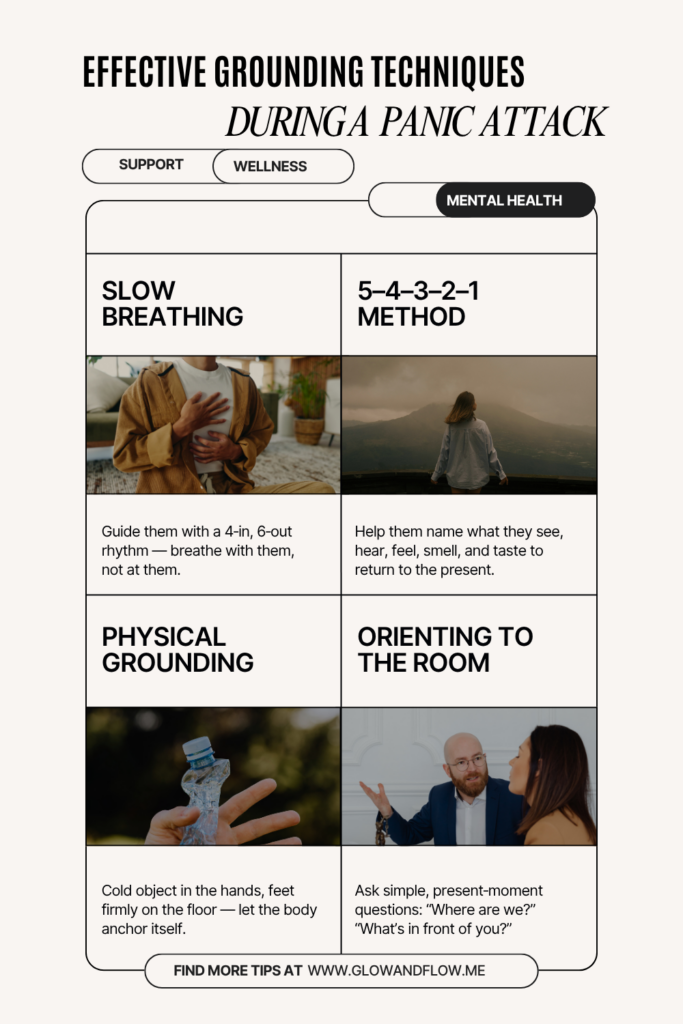 A four‑panel infographic illustrating effective grounding techniques for panic attacks, including slow breathing, the 5‑4‑3‑2‑1 method, physical grounding, and orienting to the room.