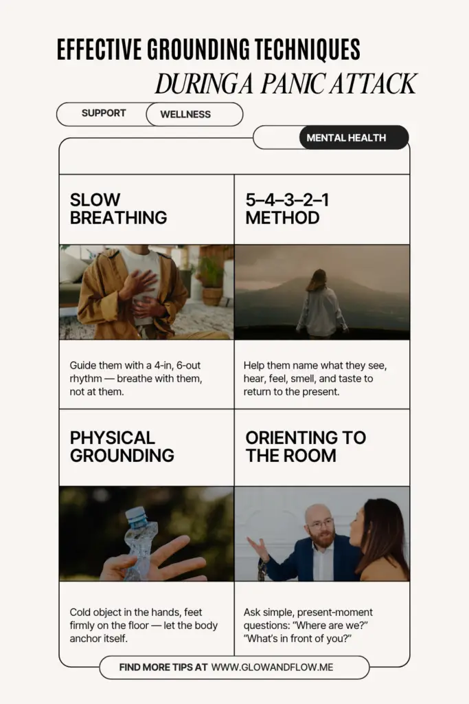 A four‑panel infographic illustrating effective grounding techniques for panic attacks, including slow breathing, the 5‑4‑3‑2‑1 method, physical grounding, and orienting to the room.