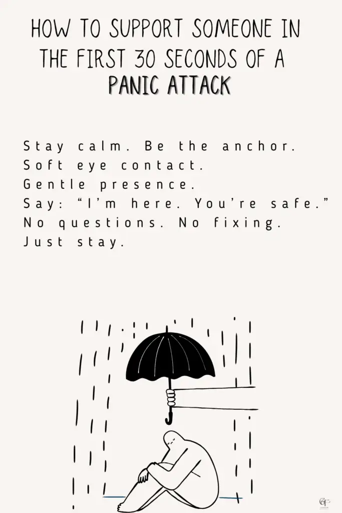A minimalist illustration showing someone curled up on the ground while another person holds an umbrella over them, paired with text explaining how to support someone in the first 30 seconds of a panic attack.