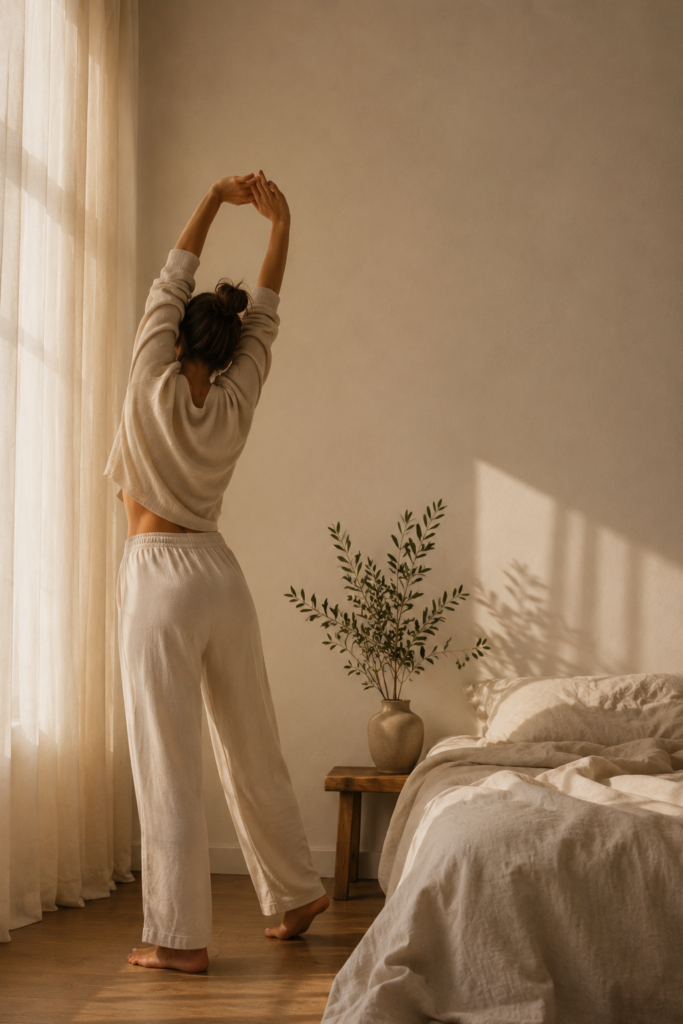 A person stretching in soft morning light, wearing neutral loungewear in a calm, minimalist bedroom with warm natural tones.