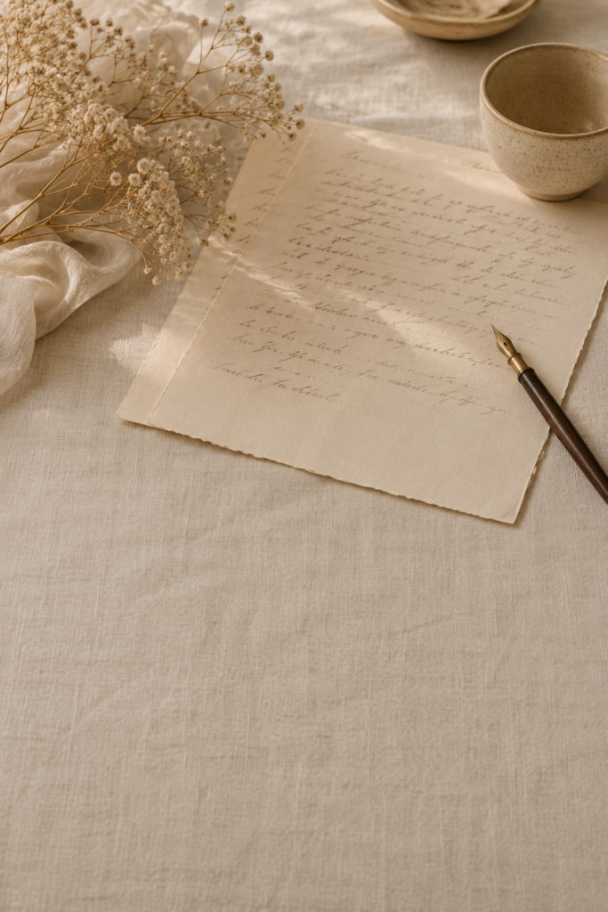 A warm, softly lit tabletop with handwritten paper, a wooden fountain pen, ceramic cup, and dried flowers on linen fabric.