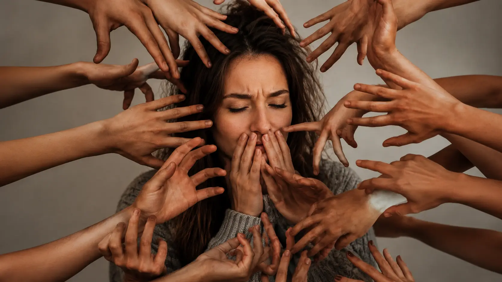 A person with closed eyes surrounded by many reaching hands, symbolizing overwhelm and internal pressure. The image visually represents anxiety and the need for Essential Questions that help reveal what the anxiety is trying to communicate.