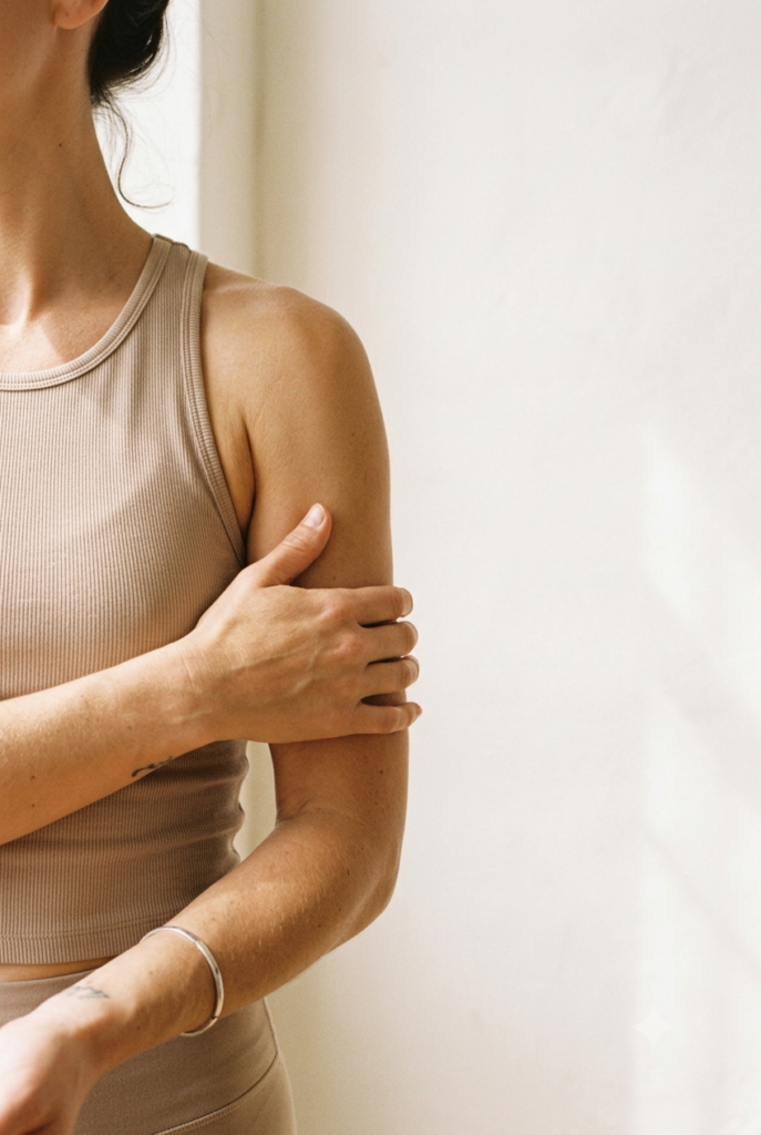 A close-up of a person gently holding their upper arm, wearing a beige ribbed top in soft natural light against a neutral wall.