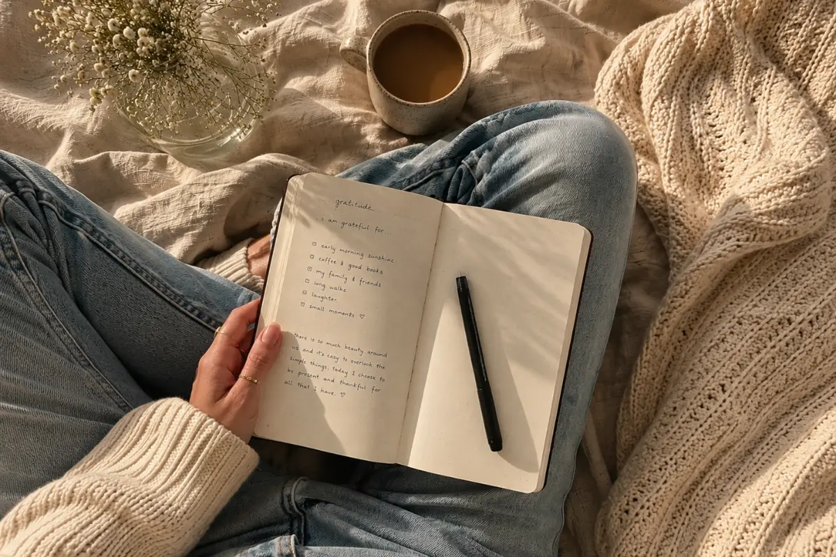 Morning gratitude journaling scene with coffee, notebook, and soft natural light.