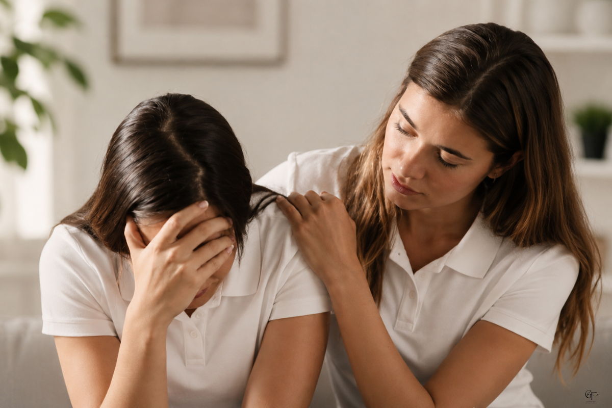 A person experiencing a panic attack sits with their head in their hand, while another person gently places a supportive hand on their shoulder, offering calm presence and reassurance in a softly lit room.