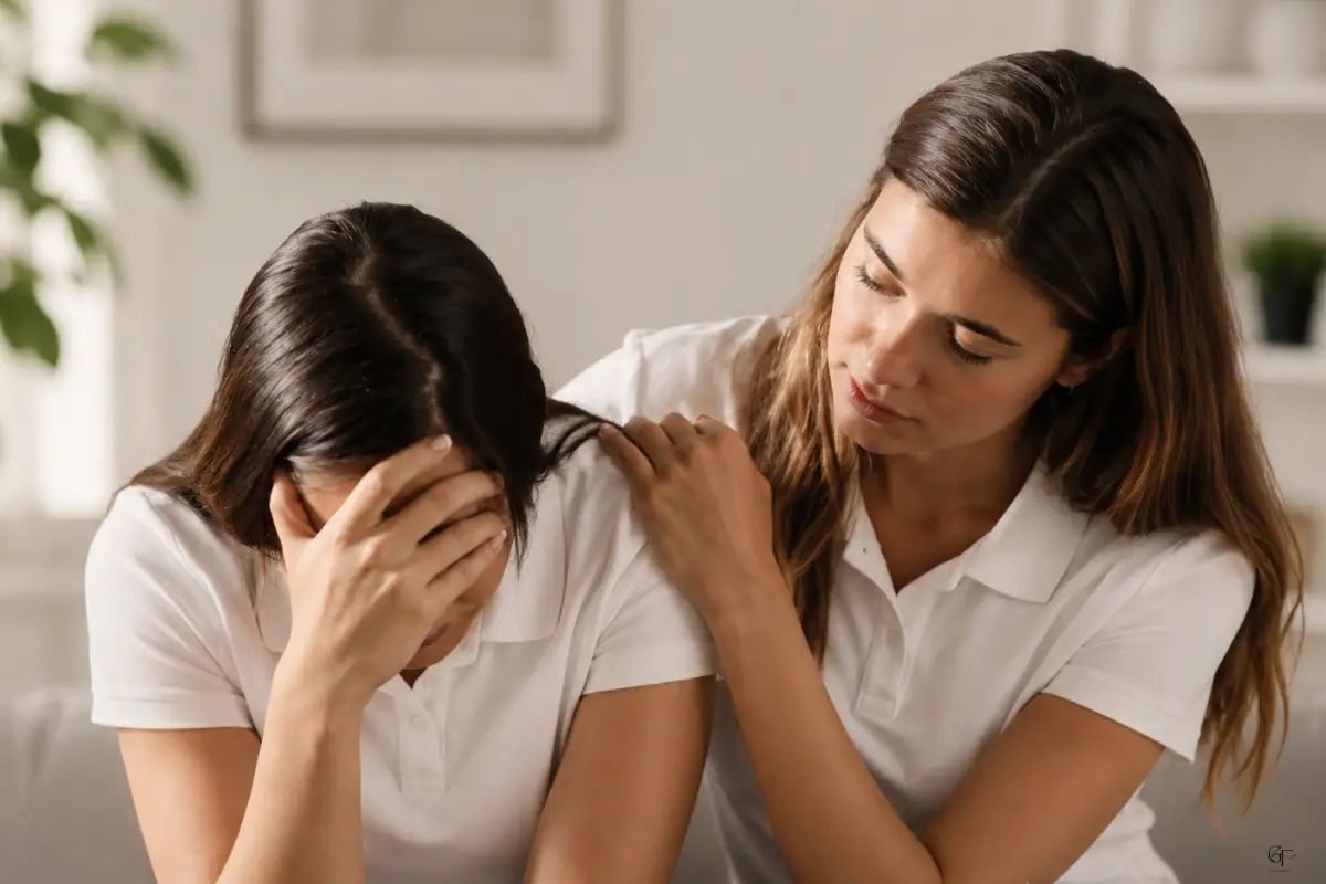 A person experiencing a panic attack sits with their head in their hand, while another person gently places a supportive hand on their shoulder, offering calm presence and reassurance in a softly lit room.