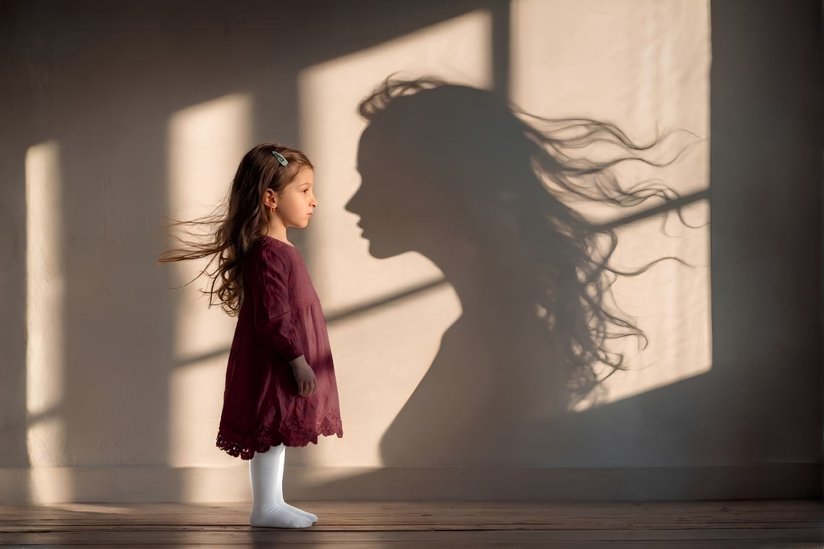 “A young child standing in warm indoor light, casting a shadow on the wall that appears older and more mature. The contrast between the child and the adult‑like shadow symbolizes identity, inner growth, and the long‑term impact of Childhood Emotional Neglect in Adults.