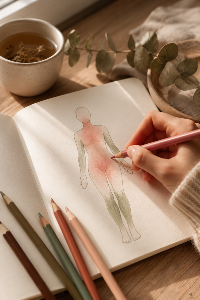 A hand uses a pink colored pencil to shade emotional sensations onto a simple human body outline in a sketchbook. Parts of the figure are marked with red and green tones. Colored pencils, a cup of tea, eucalyptus, and soft fabric create a calm journaling atmosphere around the drawing.