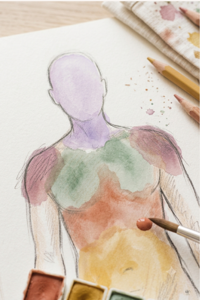 A watercolor painting in progress showing a human torso with soft washes of color marking different emotional sensations. A hand holds a paintbrush over the abdomen while purple, green, brown, and yellow tones highlight areas of the body. Watercolor pans and colored pencils surround the sketch, capturing the process of mapping emotions visually.