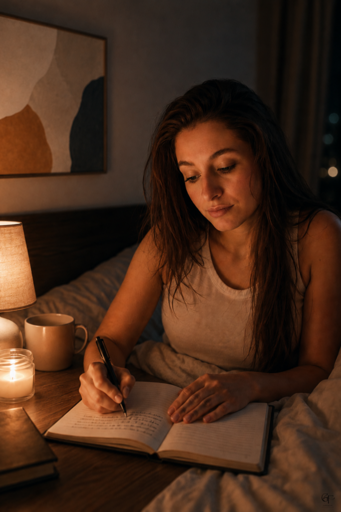 Cozy night journaling scene with warm light, candle, and notebook on bedside table.