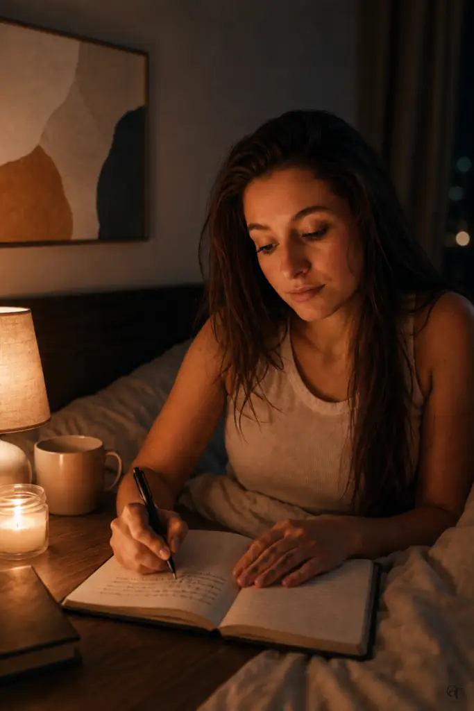 A person writes in a notebook beside a warm bedside lamp and candle, creating a calm nighttime journaling atmosphere.