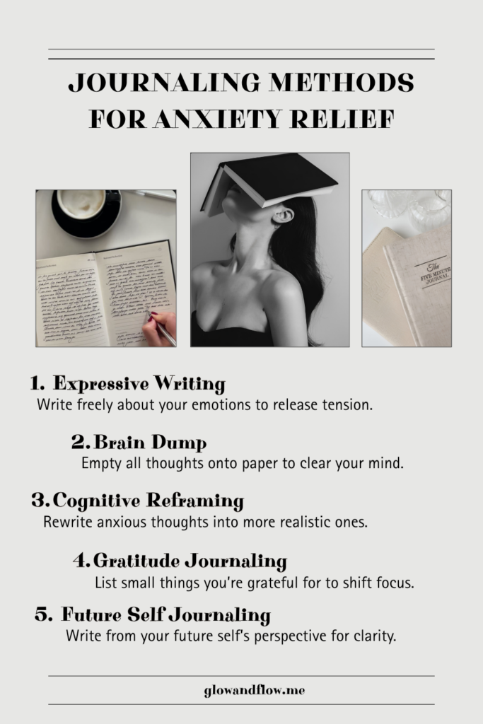 Aesthetic infographic showing five journaling techniques for anxiety relief with calm visuals.