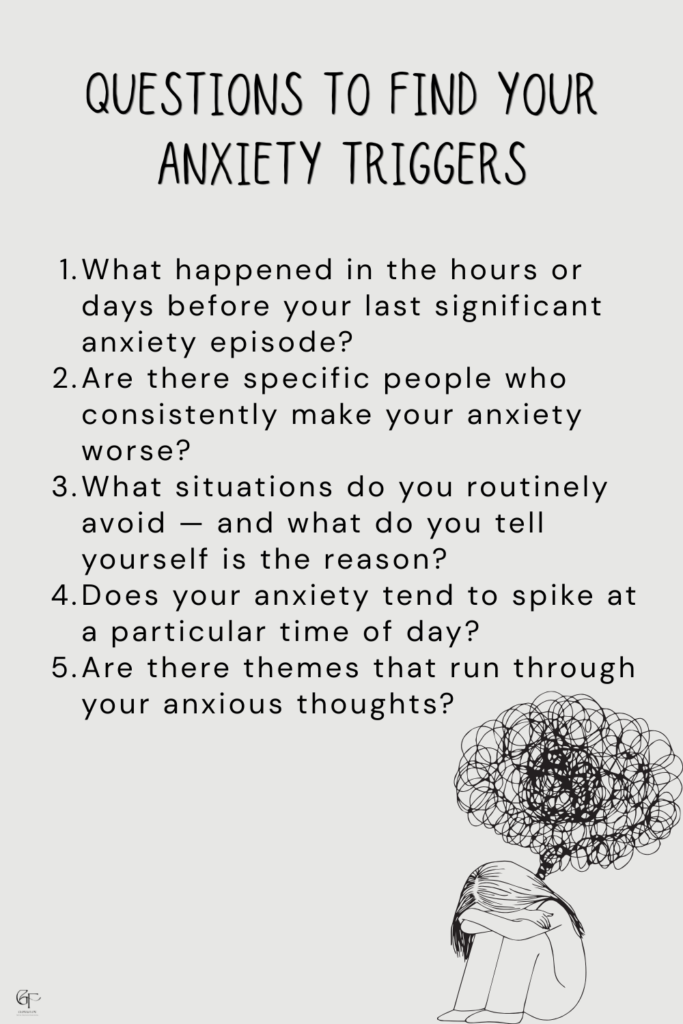 A light gray graphic with five numbered questions about identifying anxiety triggers. In the corner, a simple line illustration shows a person sitting with knees drawn up and a scribbled cloud above their head