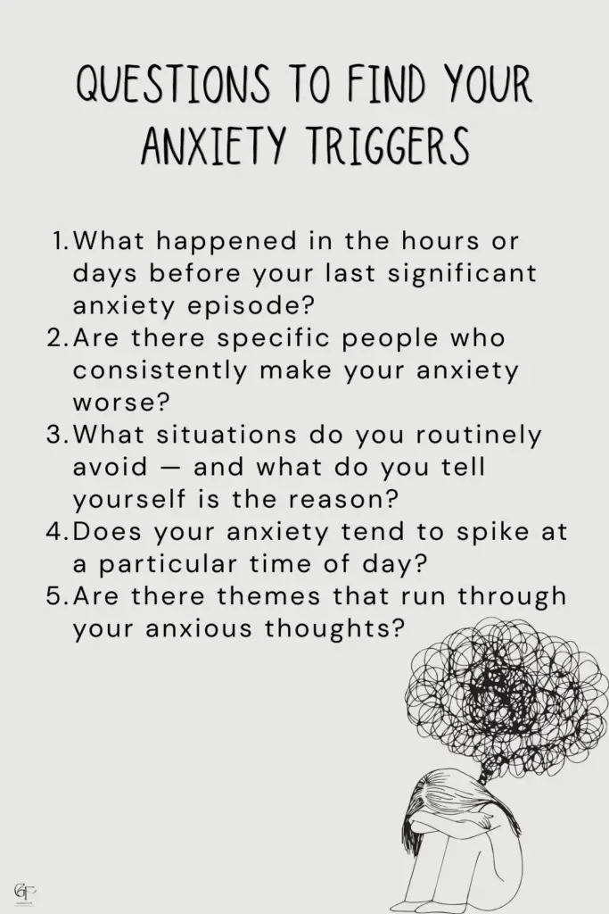 A light gray graphic with five numbered questions about identifying anxiety triggers. In the corner, a simple line illustration shows a person sitting with knees drawn up and a scribbled cloud above their head