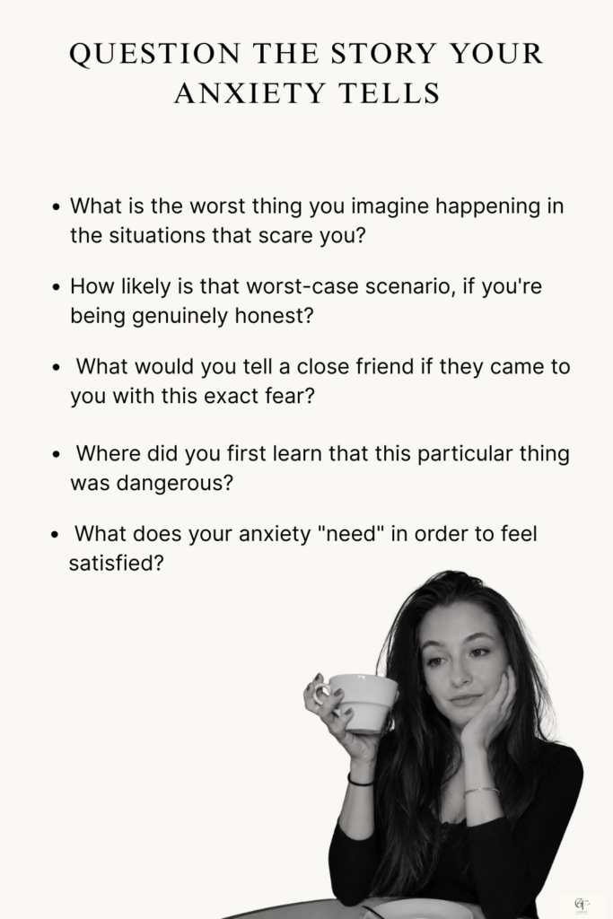 A black‑and‑white photo of a person sitting at a table with a cup in hand, looking down thoughtfully. Text above the image lists reflective questions that help examine the stories anxiety creates.