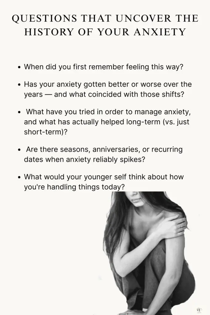 A black‑and‑white photo of a person sitting with arms crossed over their chest and knees pulled in, appearing introspective. Text above the image lists questions about how anxiety has changed over time.
