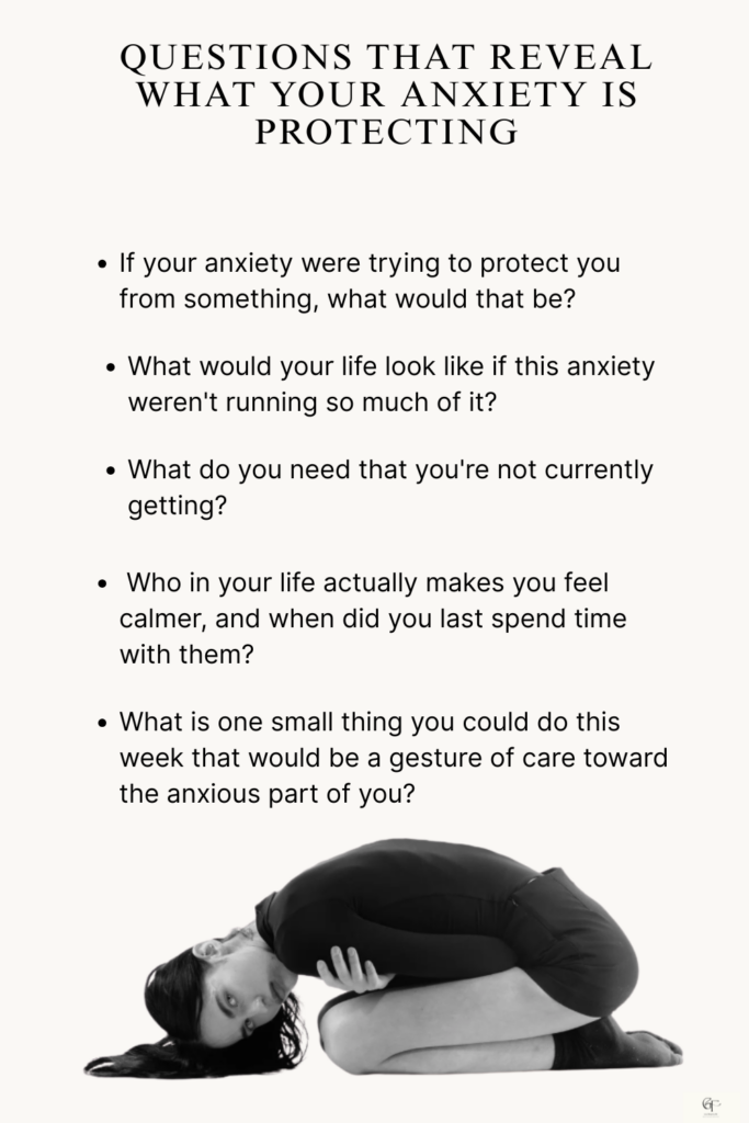 A minimal image of a person curled on the floor in a protective, child‑pose‑like position. Text above the image lists questions about what anxiety may be trying to protect.