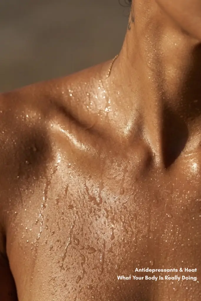 Close‑up of a person’s neck and shoulders covered in sweat under strong heat, representing how antidepressants can alter the body’s temperature regulation and make hot weather harder to tolerate.