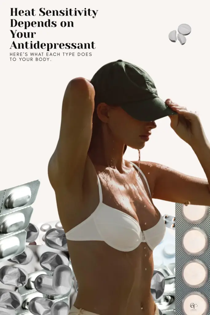Photo of a woman sweating in intense sunlight surrounded by blister packs of antidepressant pills, illustrating how different antidepressant types can increase heat sensitivity and affect the body’s ability to cool down.