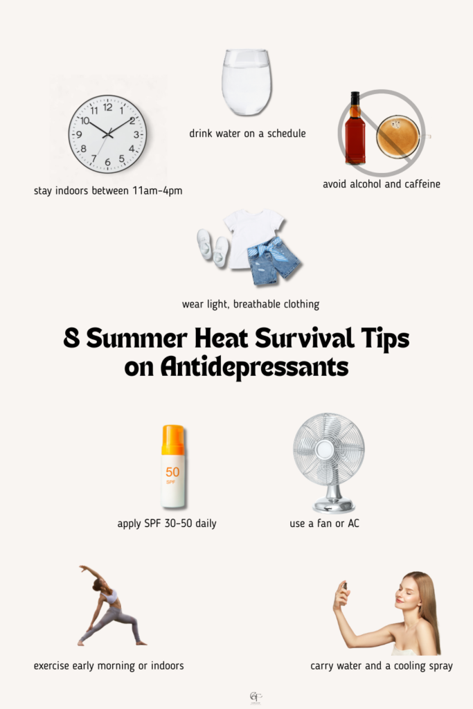 Infographic with eight practical tips for managing summer heat while taking antidepressants, including staying indoors during peak heat, drinking water on a schedule, avoiding alcohol and caffeine, wearing breathable clothing, using sunscreen, cooling the home, exercising early or indoors, and carrying water and a cooling spray.