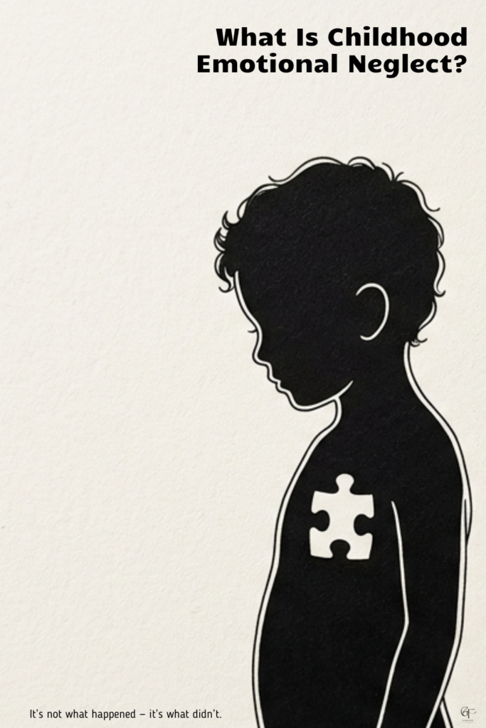 Minimalist illustration of a child’s silhouette with a missing puzzle piece in the chest, symbolizing emotional absence. Text on the image reads ‘What Is Childhood Emotional Neglect?’ with the subtitle ‘It’s not what happened – it’s what didn’t.’ Soft neutral background, simple and reflective mood.