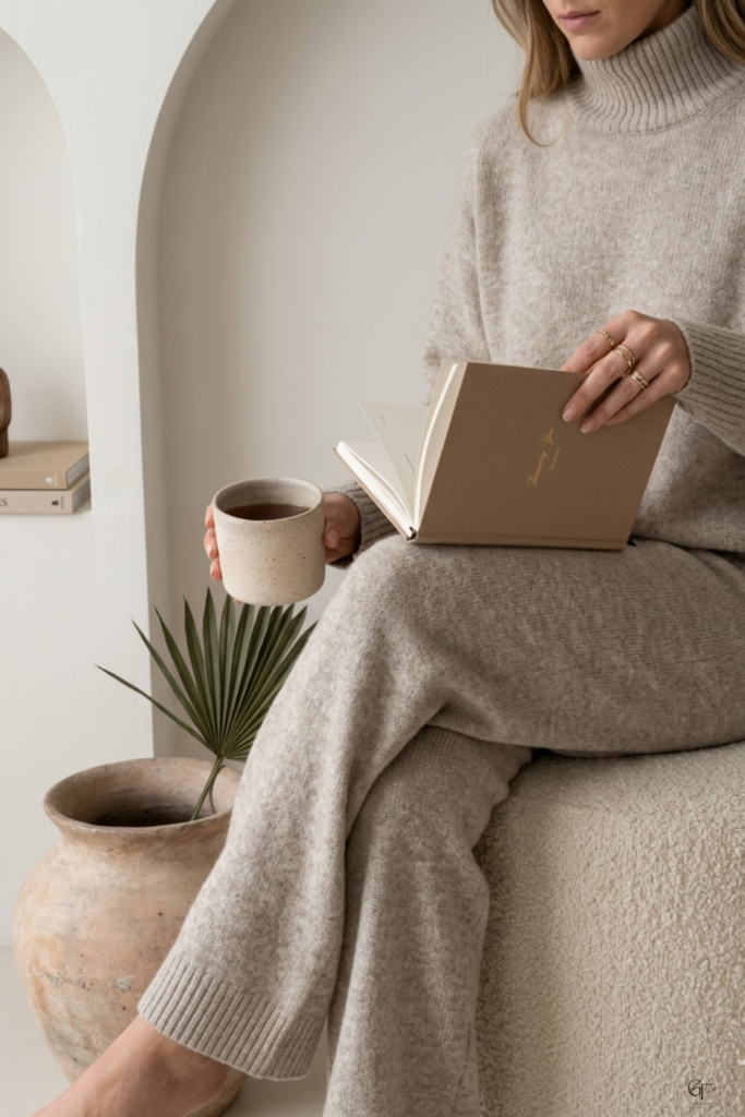 A person in a cozy knit sweater sits on a textured surface, holding a mug and an open tan notebook in a minimalist, warm-toned room.
