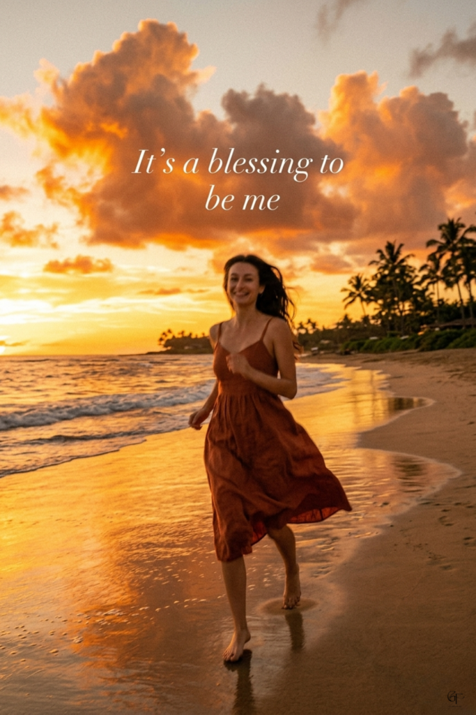 A woman runs barefoot along a tropical beach at sunset, wearing a flowing rust‑colored dress as golden light reflects on the wet sand.