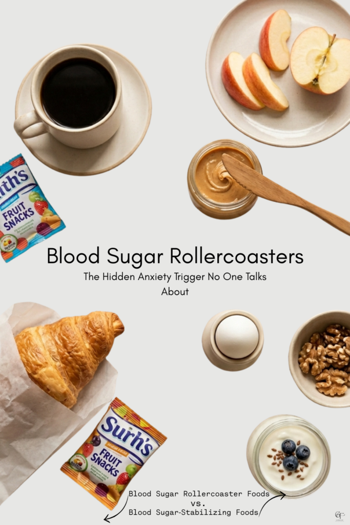 Side‑by‑side comparison of blood sugar rollercoaster foods versus stabilizing foods, showing how diet influences anxiety through blood sugar spikes and crashes.