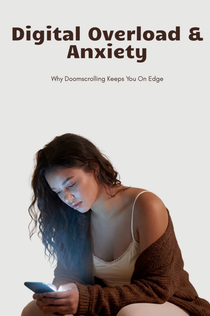 A person looking down at a brightly lit smartphone, illustrating digital overload, doomscrolling, and how constant screen time keeps the nervous system on edge.