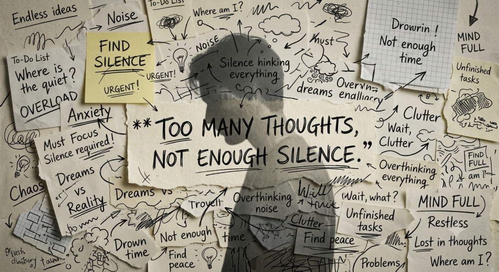 Collage of handwritten notes reading "too many thoughts, not enough silence" around a silhouette with head in hand