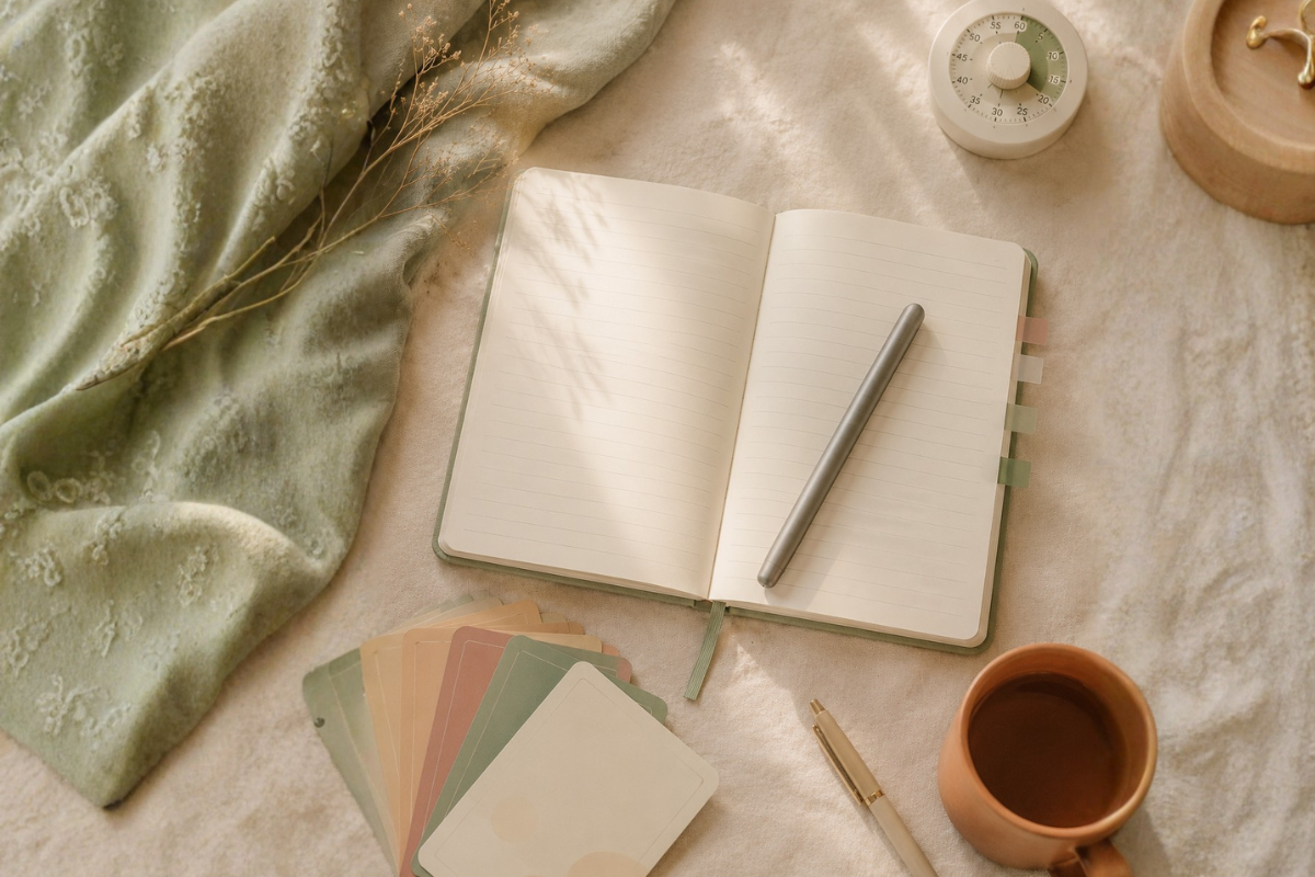 A cozy flat lay featuring Journaling Tools: an open notebook, silver pen, pastel cards, a warm mug, a white timer, and soft fabric textures arranged for mindful writing.