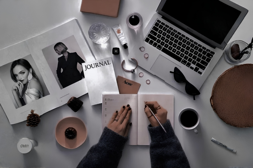 An overhead flat‑lay of a minimalist workspace with hands writing in a planner, surrounded by a laptop, sunglasses, coffee, water, rings, skincare items, a Chanel jar, a pine cone, and a magazine. The scene visually contrasts Energy Management and Time Management through a calm, intentional planning environment.