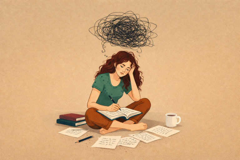 Illustration of a woman journaling on the floor with a tangled scribble cloud of overthinking above her head