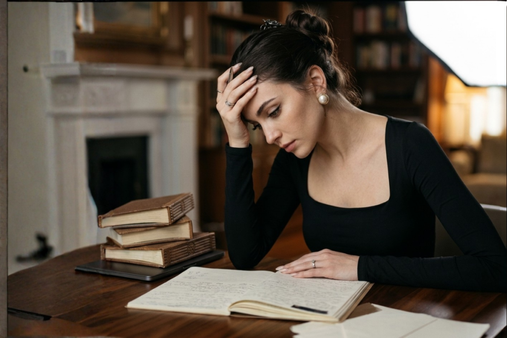 Woman showing signs of high-functioning burnout, head in hand while reading a handwritten journal