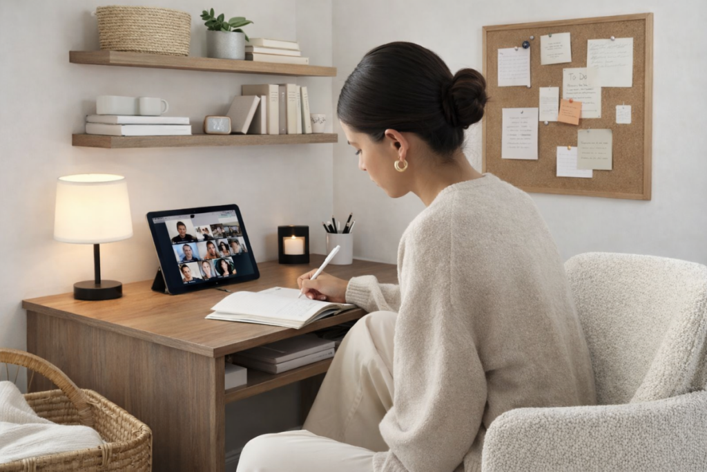 Soft productivity home office setup with journal and video call