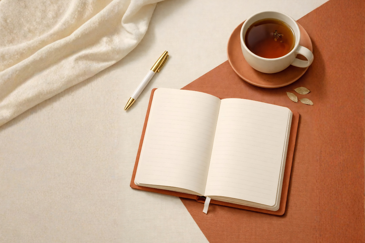 Open lined notebook with a white‑and‑gold pen and a cup of tea on a brown saucer, arranged on a cozy fabric surface.