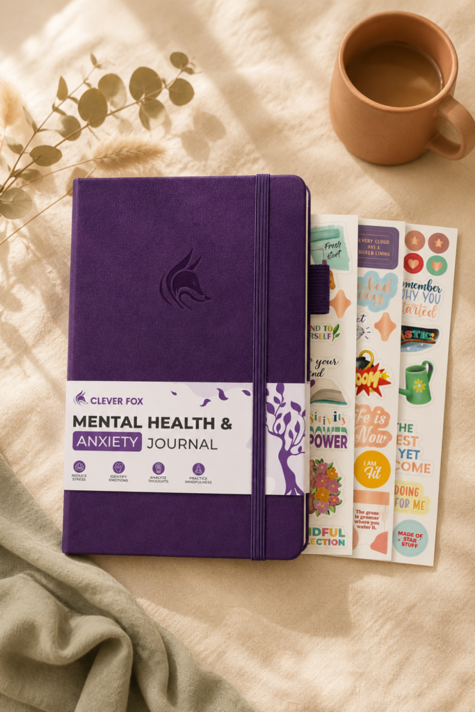A soft, grounding space for emotional clarity — the Mental Health & Anxiety Journal paired with uplifting stickers and warm coffee.