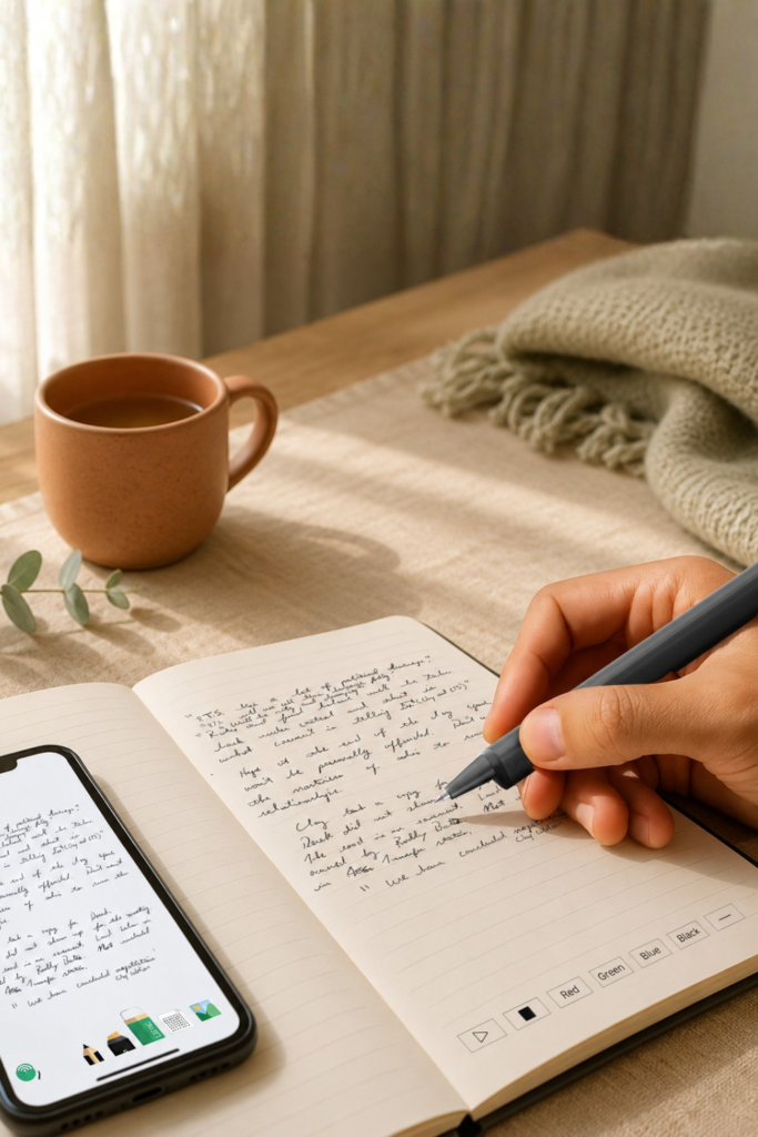 Handwritten reflections meet digital clarity — a cozy writing moment captured in warm afternoon light.