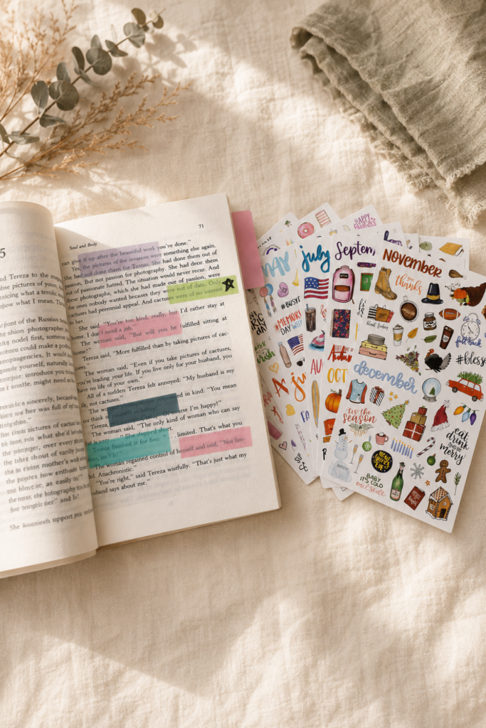 Creative calm in motion — highlighted thoughts, seasonal stickers, and a cozy setup that makes journaling feel like a ritual.