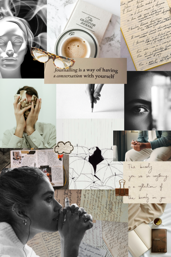Collage of journaling-themed images: notebook, coffee, handwritten pages, and quotes about journaling and self-reflection