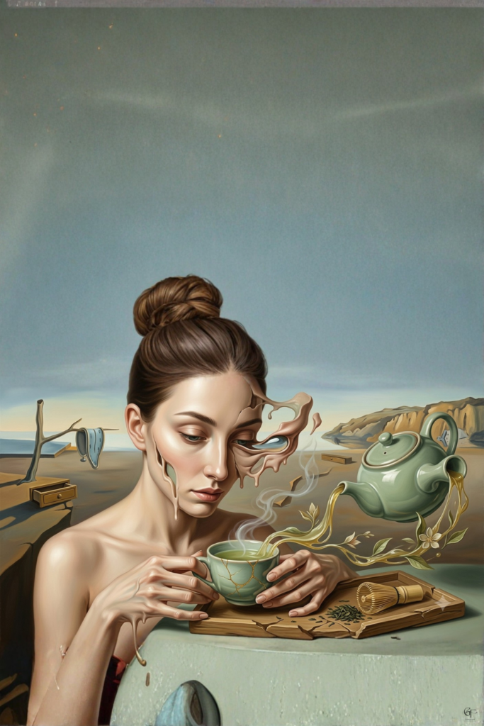 Surreal painting of a woman with a melting, cracked face holding a fractured teacup beside a pouring teapot