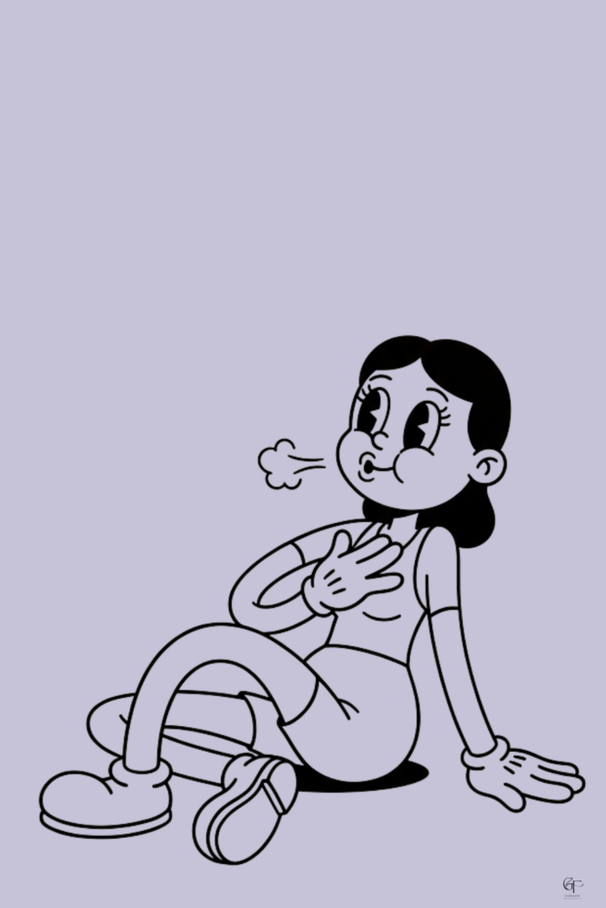 Cartoon illustration of a tired woman sitting on the floor, hand on chest, exhaling a visible breath