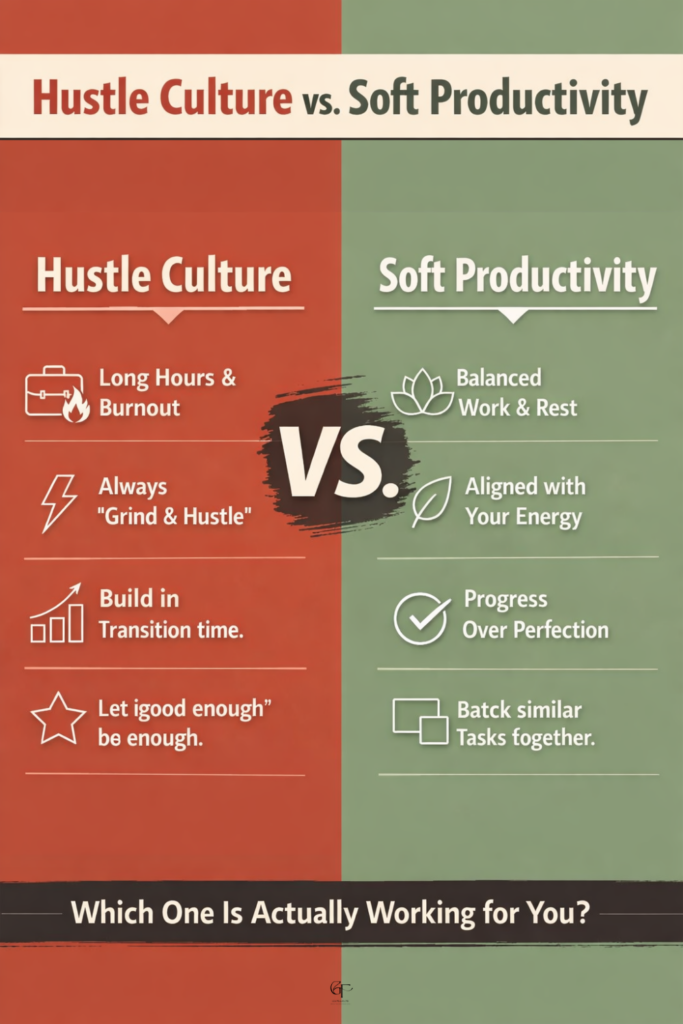 Hustle culture vs soft productivity comparison infographic
