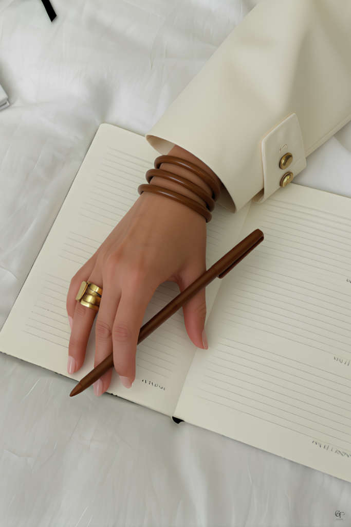 Soft productivity journaling flat lay with pen and notebook