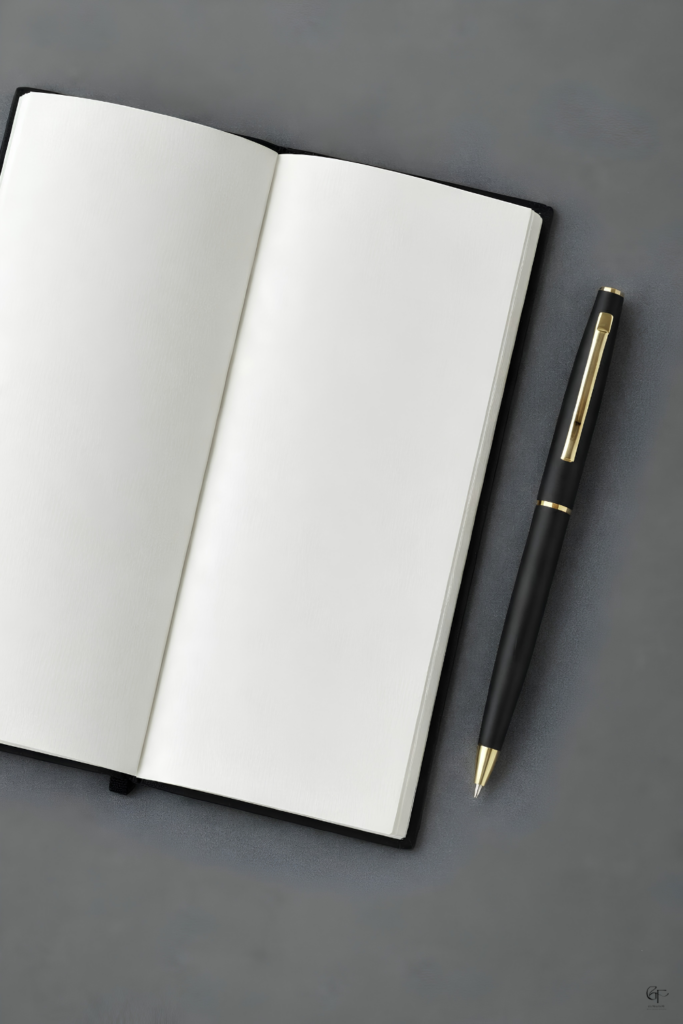 Open notebook with blank white pages and a black pen with gold accents on a gray surface.