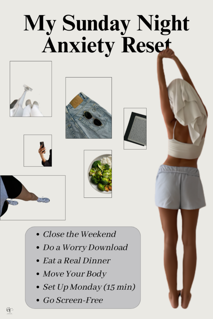 A wellness collage titled “My Sunday Night Anxiety Reset,” featuring a woman stretching with a towel and smaller images of food, walking, clothing, a phone, and an e‑reader.
