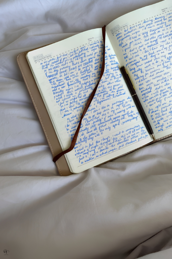 An open notebook with blue handwritten notes, a brown elastic strap, and a black pen resting on a soft fabric surface.